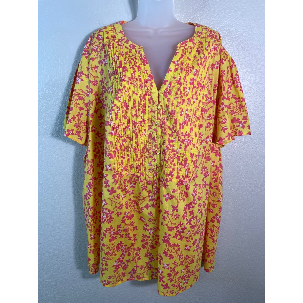 Woman Within Womens 3X Tunic Yellow Pink Floral Pintuck Cotton Short Sleeve Top